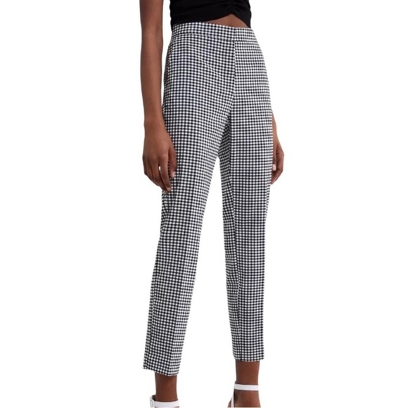 ZARA Black White Gingham Twee Straight Leg Grunge High Rise Pants Size Large - Picture 1 of 13